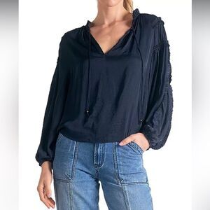 Elan Navy Blue Ruched Romantic Long Balloon Sleeve Blouse Tunic S Castle core